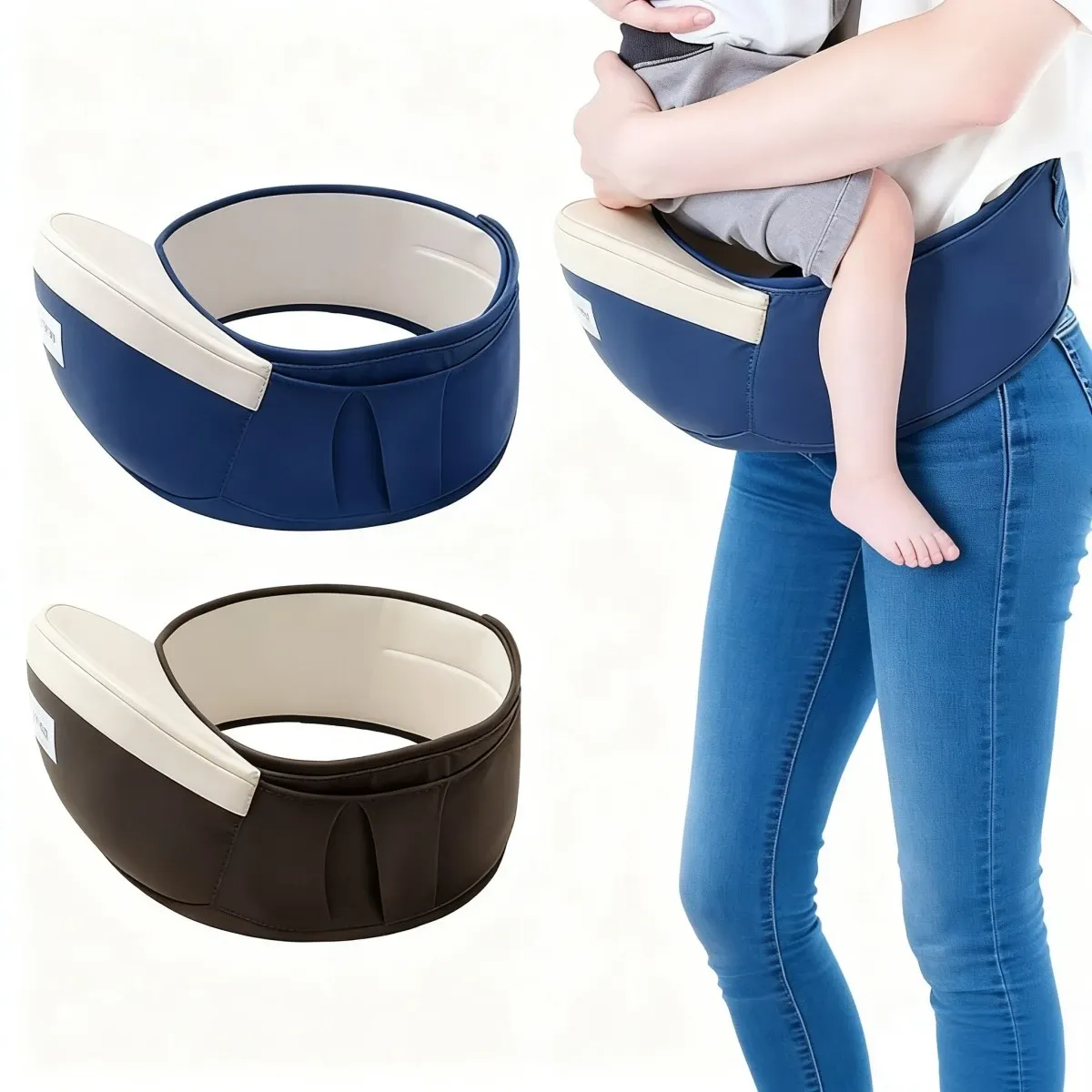 Woman using a supportive baby hip seat carrier with a toddler held on her hip, shown alongside navy and brown product views on a clean white background.